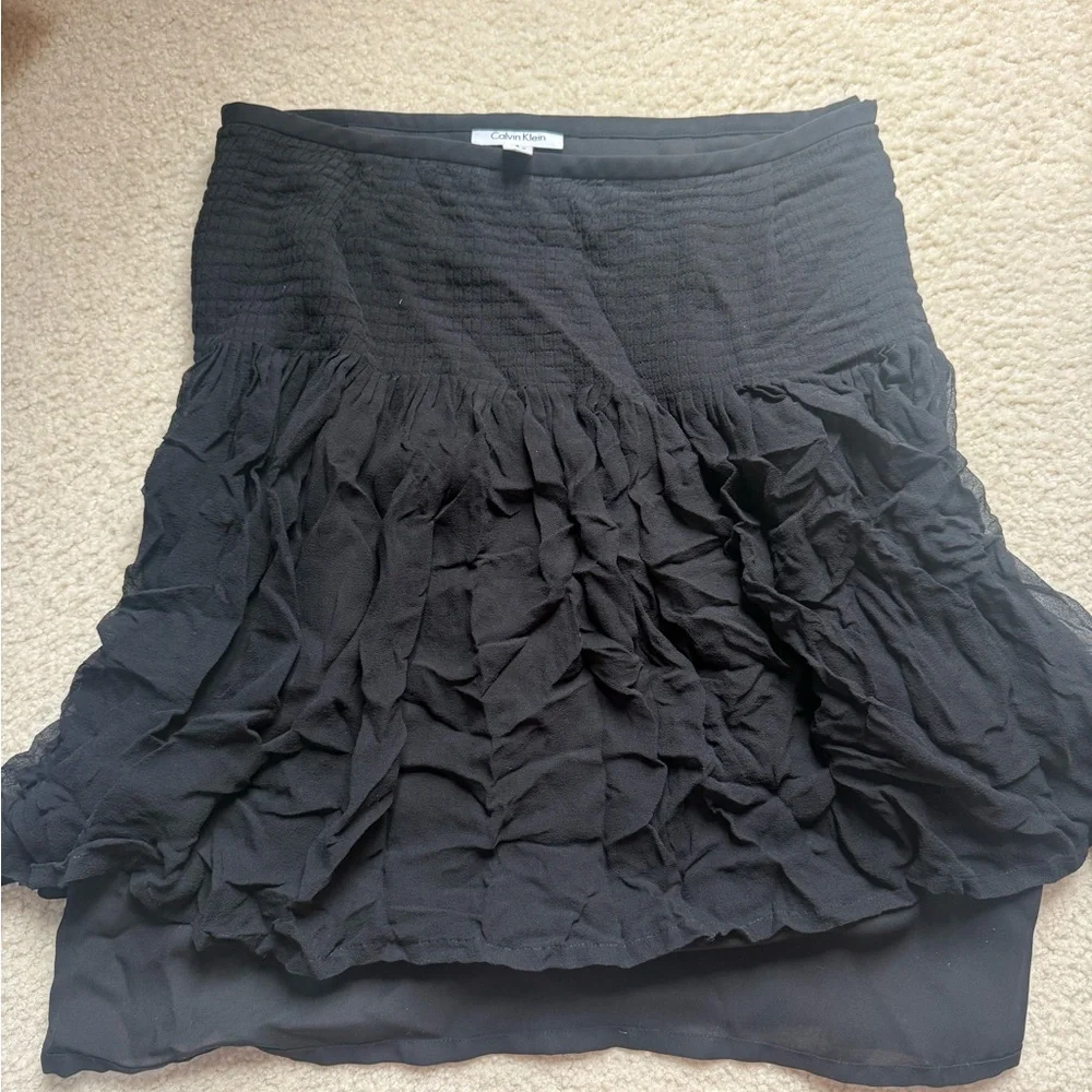Calvin Klein Black Smocked Ruffle Skirt - great for office!